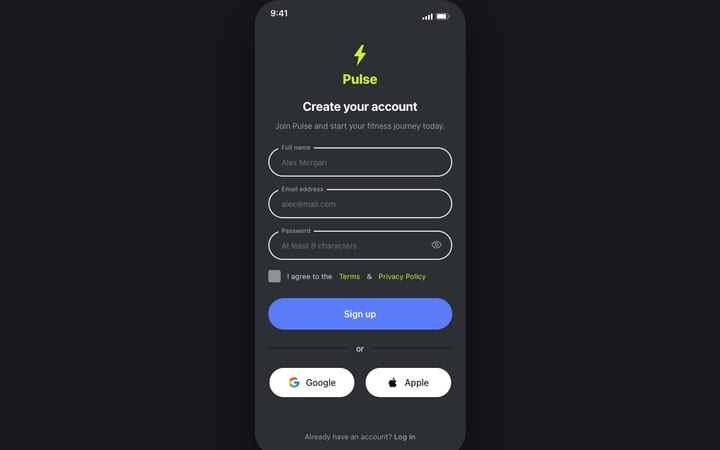 Registrierungs-Screen, Version 1, gebaut nach Fitness Mobile App UI Kit