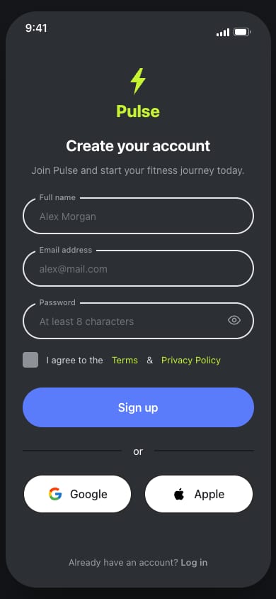 Registrierungs-Screen, Version 1, gebaut nach Fitness Mobile App UI Kit