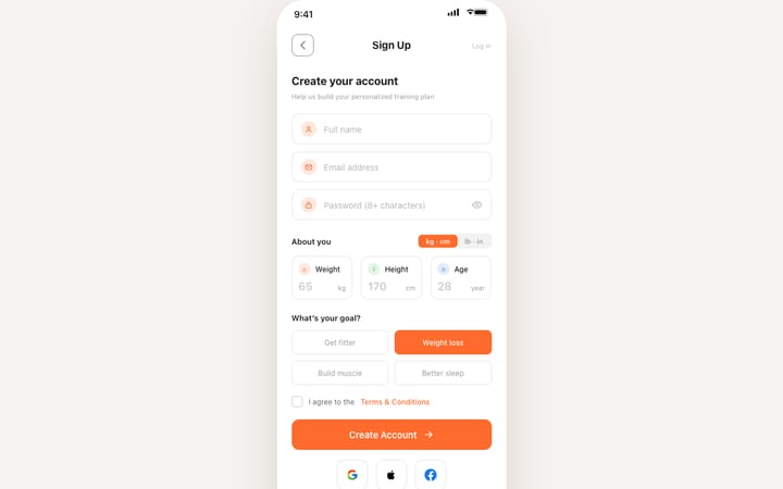 Registrierungs-Screen, Version 3, gebaut nach Fitnex Mobile App UI Kit