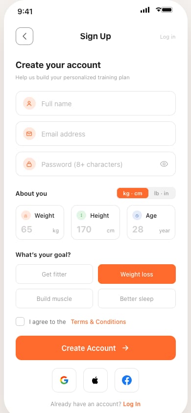 Registrierungs-Screen, Version 3, gebaut nach Fitnex Mobile App UI Kit