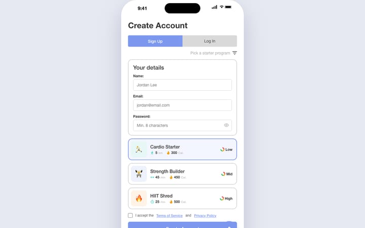 Registrierungs-Screen, Version 4, gebaut nach 69 GymTracker - Modern Gym App UI Kit
