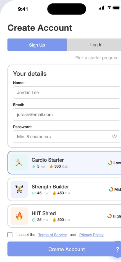 Registrierungs-Screen, Version 4, gebaut nach 69 GymTracker - Modern Gym App UI Kit